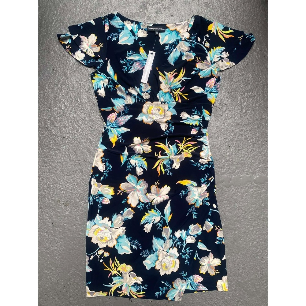 Catherine Malandrino WMNS 8 Floral Side Ruche Blue Dress NWT